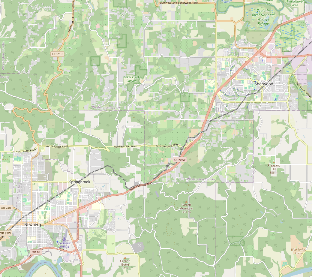 Map of the PNWR Newberg Branch corridor from Sherwood to Newberg, Oregon